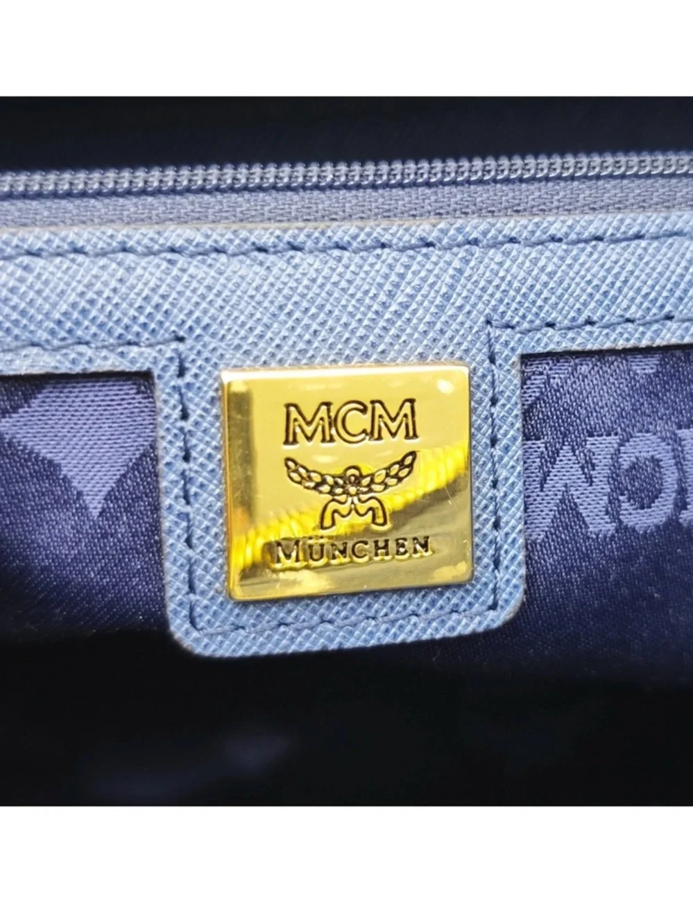 MCM Blue Leather Structured Top-Handle Satchel with Gold Hardware